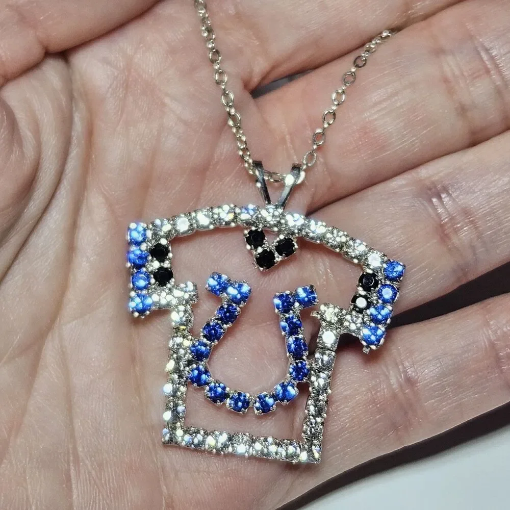 Indianapolis Colts Silver Tone Blue Rhinestone Pendant Necklace 18
